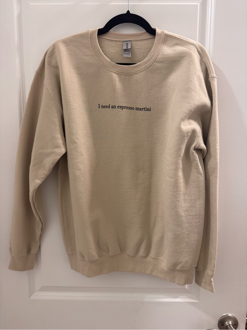 Gildan Beige Crewneck Sweatshirt with 'I need an espresso martini' Text
